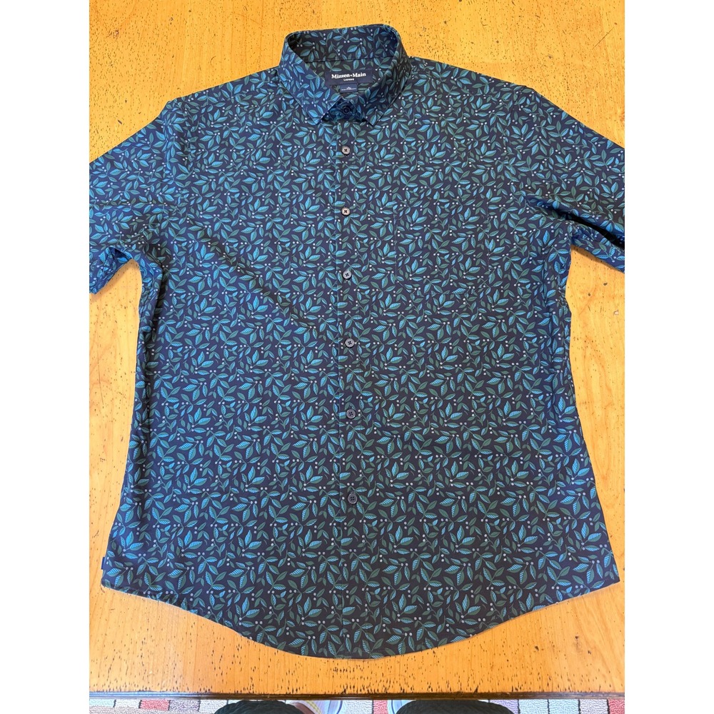 Mizzen+Main Leeward Large Trim Blue Leaf Print Short Sleeve Performance Shirt